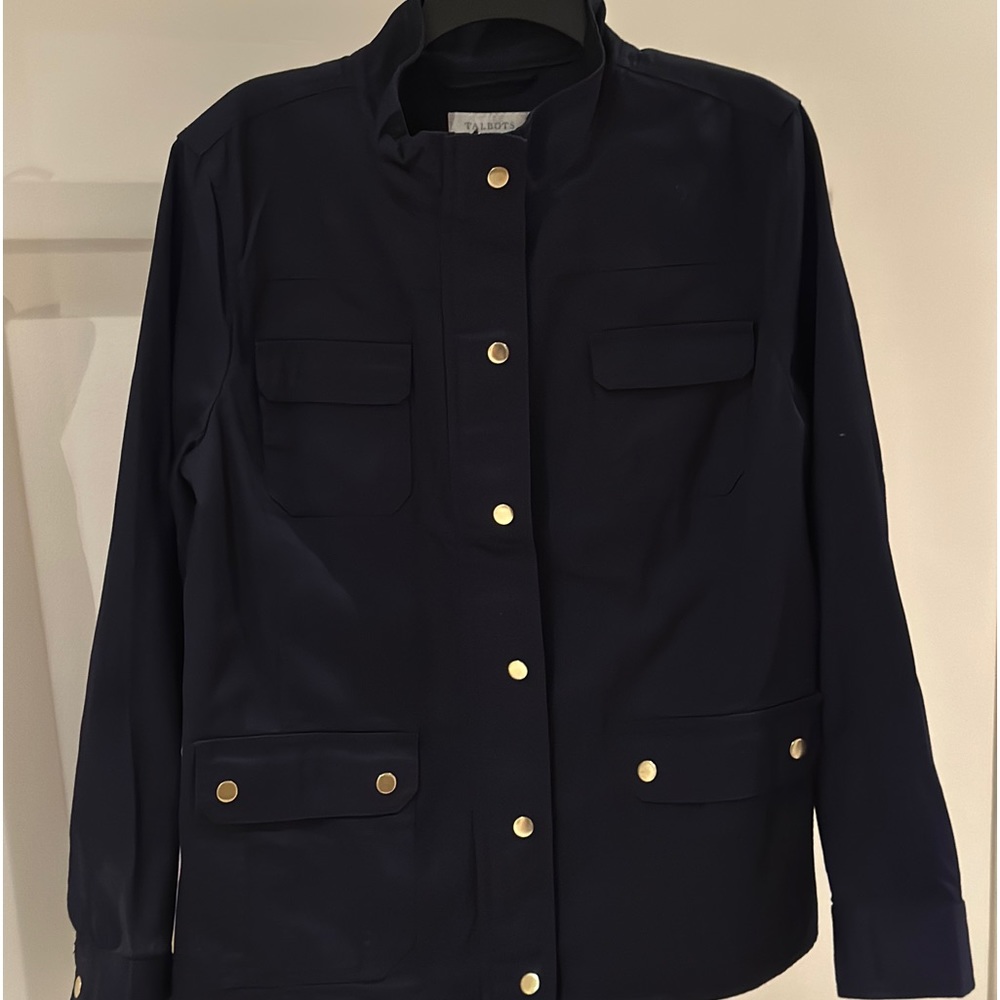 Talbots navy blue utility jacket.snap and zip front, snap cuffs.